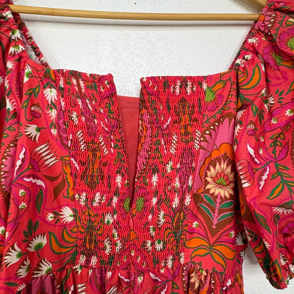Vince Camuto Pink Floral Paisley Puff Sleeve Midi Dress Cotton Sz8 Side Pockets - Picture 9 of 11